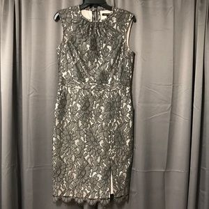 Ava and Aiden lace overlay sheath in pewter